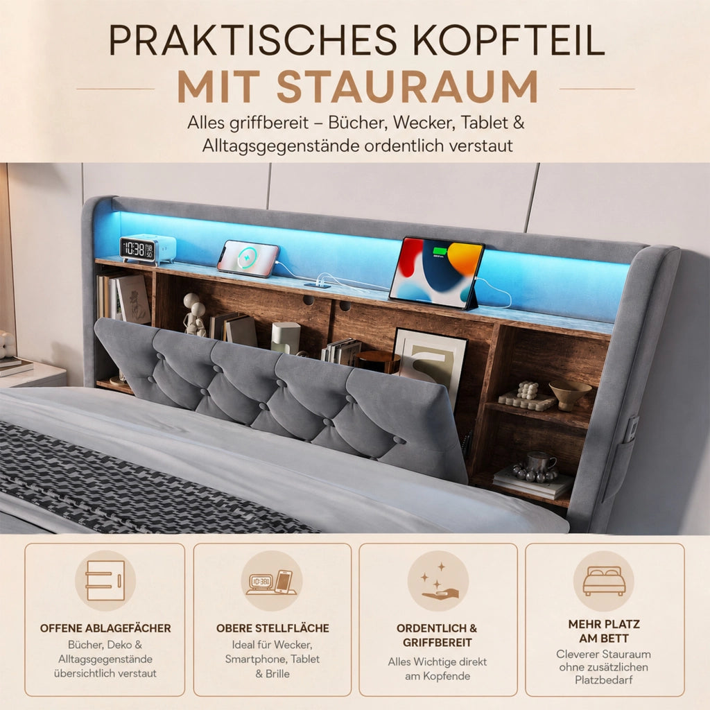 LETTO Contenitore 140x200 cm in velluto grigio con testiera multifunzione