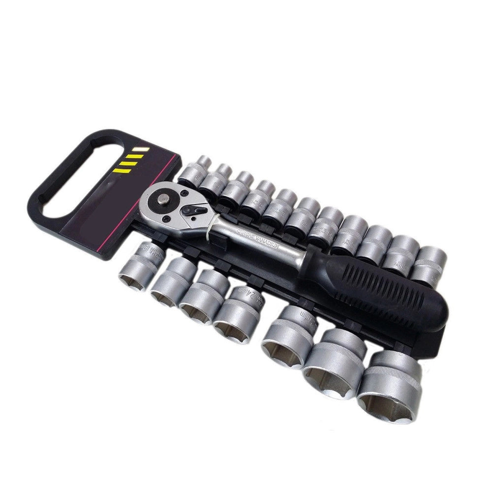 Trade Shop - Serie Chiave A Cricchetto Reversibile 1/2" Kit Da 19pz Con Bussole Esagonali -