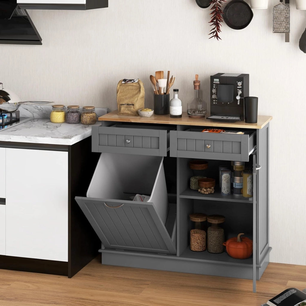 Armadio per Rifiuti da Cucina con Apertura a Ribalta, Mobile per Biancheria Autonomo con Piano in Legno di Gomma, Supporto per Cestino Nascosto, Ripiano Regolabile (Grigio)