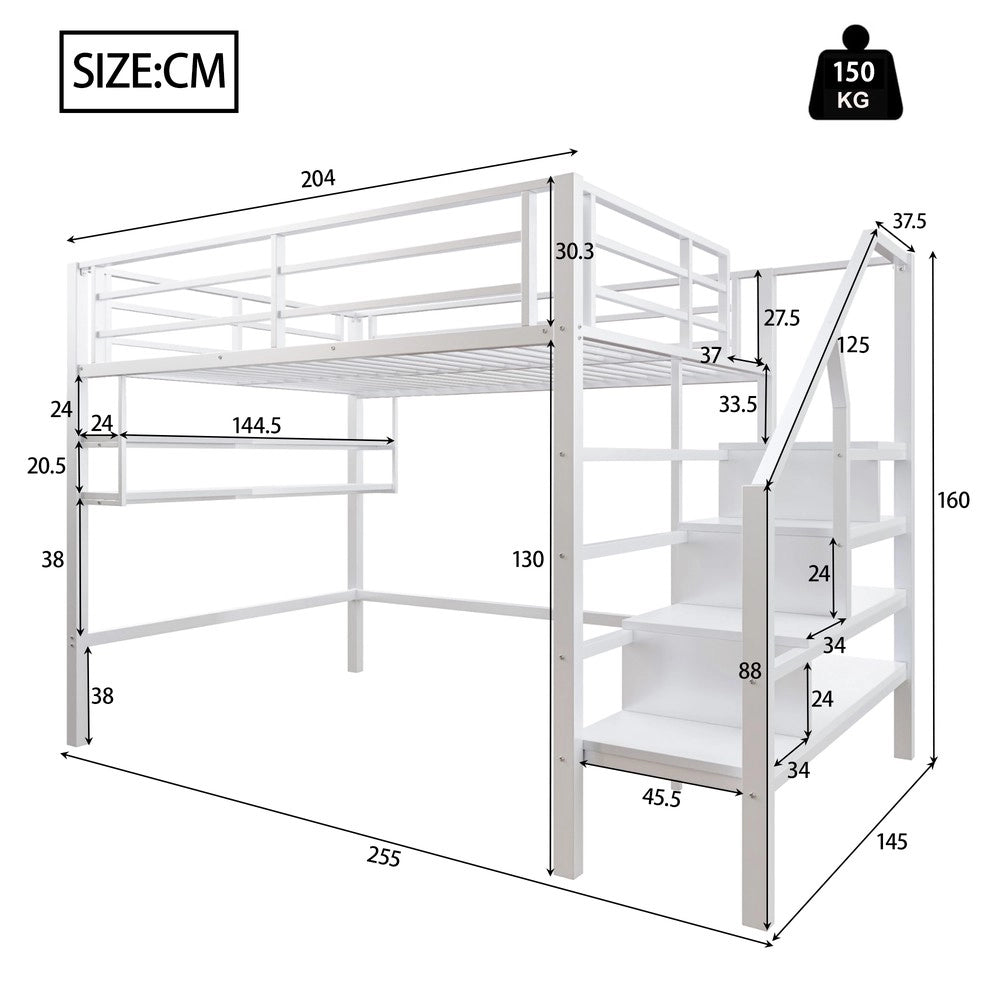 Letto a Soppalco 140x200 ¨C MINIMAL ¨C Bianco, con Scaletta Contenitore e Rete a Doghe, senza Materasso