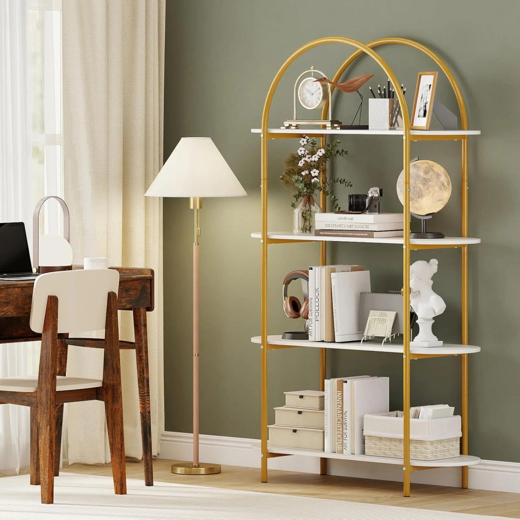 Libreria a Forma di Arco a 4 Ripiani, Scaffale Portaoggetti Aperta con Struttura Metallica, Organizer Espositivo Autoportante per Soggiorno, Ufficio e Camera da Letto, 95x34x156cm (Bianco)
