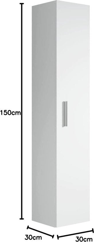 Cassettiera da bagno alta Colonna a sospensione - Cassettiera Pluto - 30x30x150 cm - Bianco - 1 Porta cassettiera da bagno alta