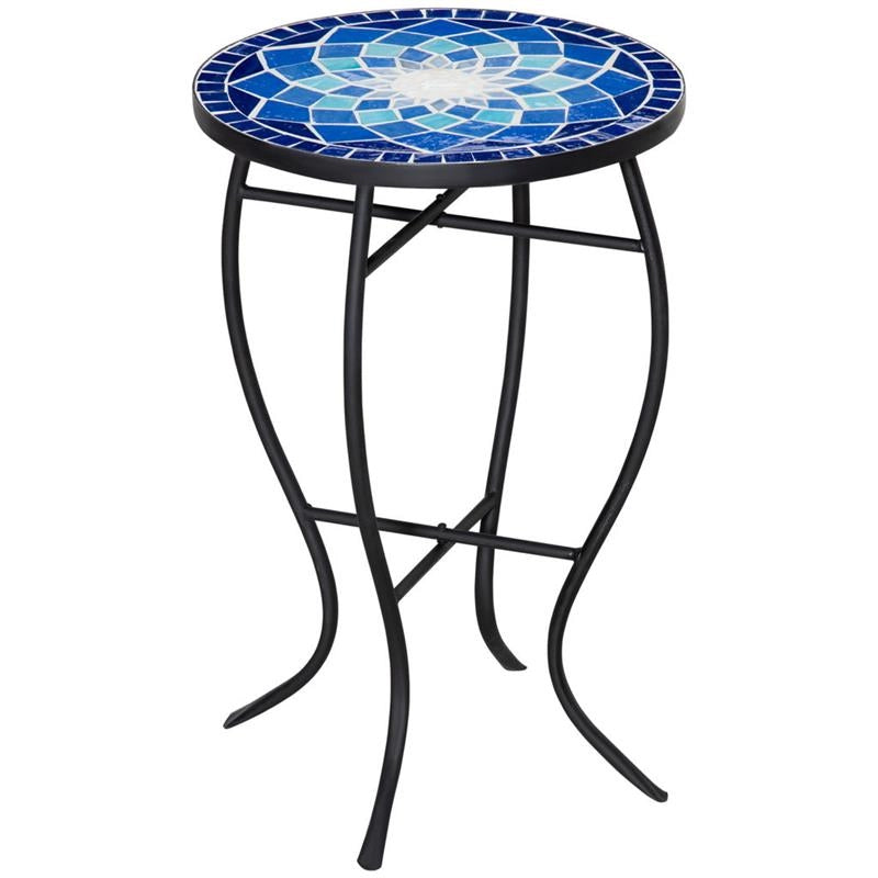 TAVOLINO DECORATIVO DA GIARDINO ROTONDO CON MOSAICO 35.5X53.5CM BIANCO E BLU