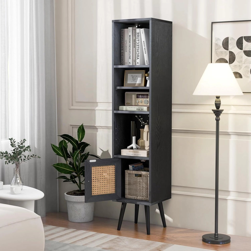 Libreria Scaffale con Anta in Rattan Naturale, Scaffale Legno in Stile Boho con 3 Ripiani Regolabili in 12 Posizioni, per Soggiorno Cucina e Camera da Letto, 29,5 x 29,5 x 137 cm (Nero)