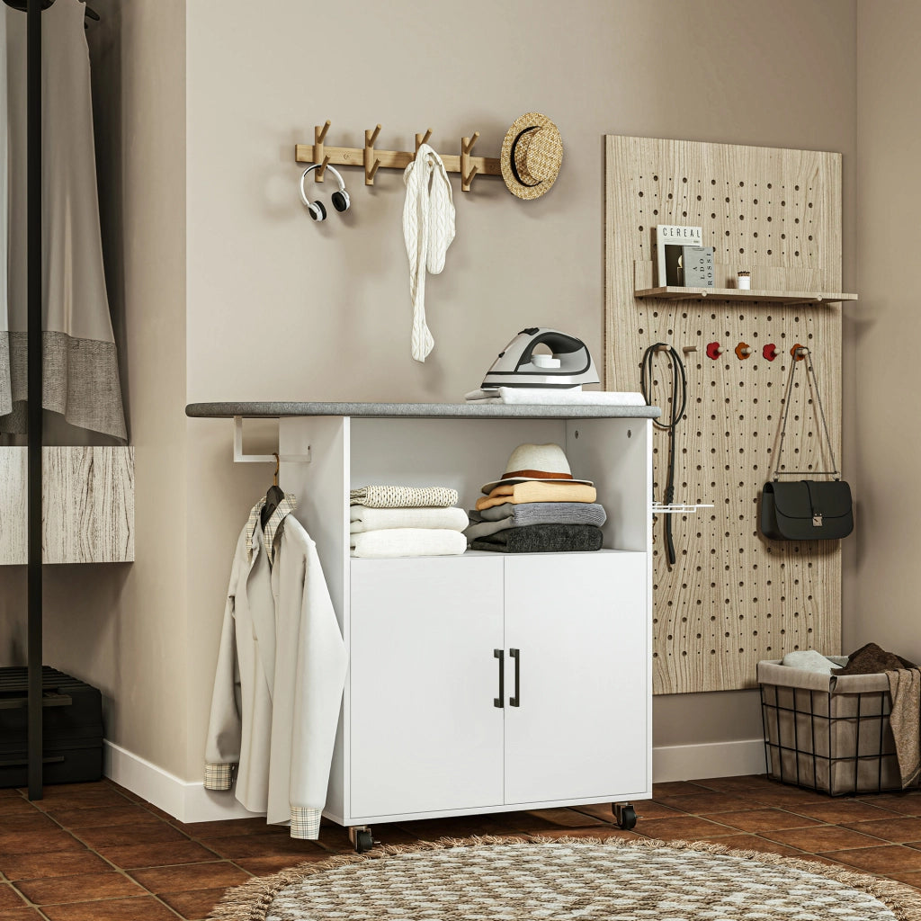 Mobile Asse da Stiro 125x43.5x102.5 cm con Armadietto a 2 Ante e Spazio Aperto Bianco