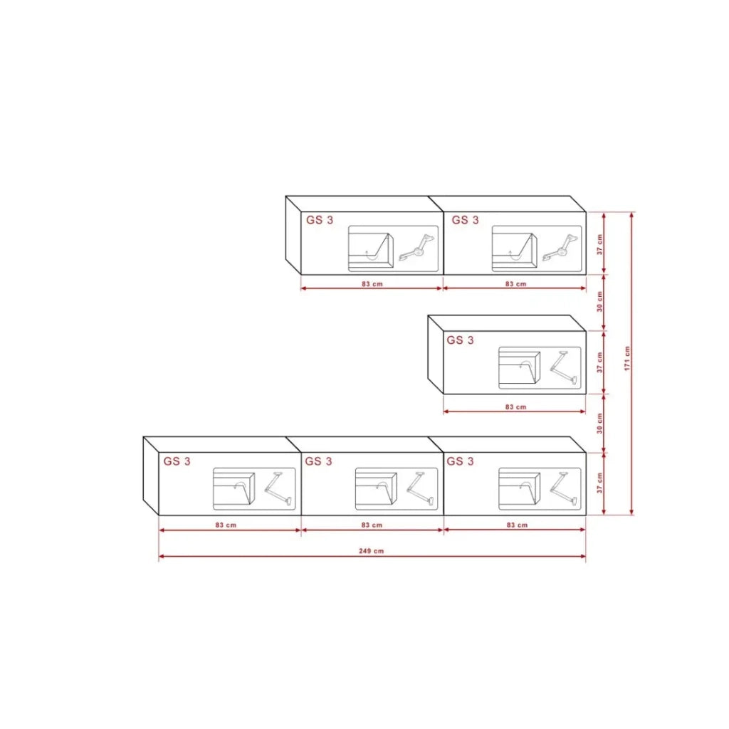 Set di mobili da soggiorno bianchi e neri, sospesi, collezione CEPTO XXV. 249cm, 6 pezzi, con LED, modulari.