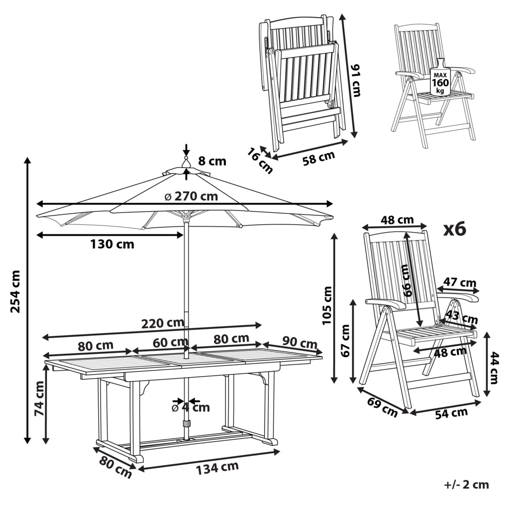 Set da giardino con 6 sedie in legno di acacia marrone scuro con schienale regolabile pieghevole in stile rustico con ombrellone blu