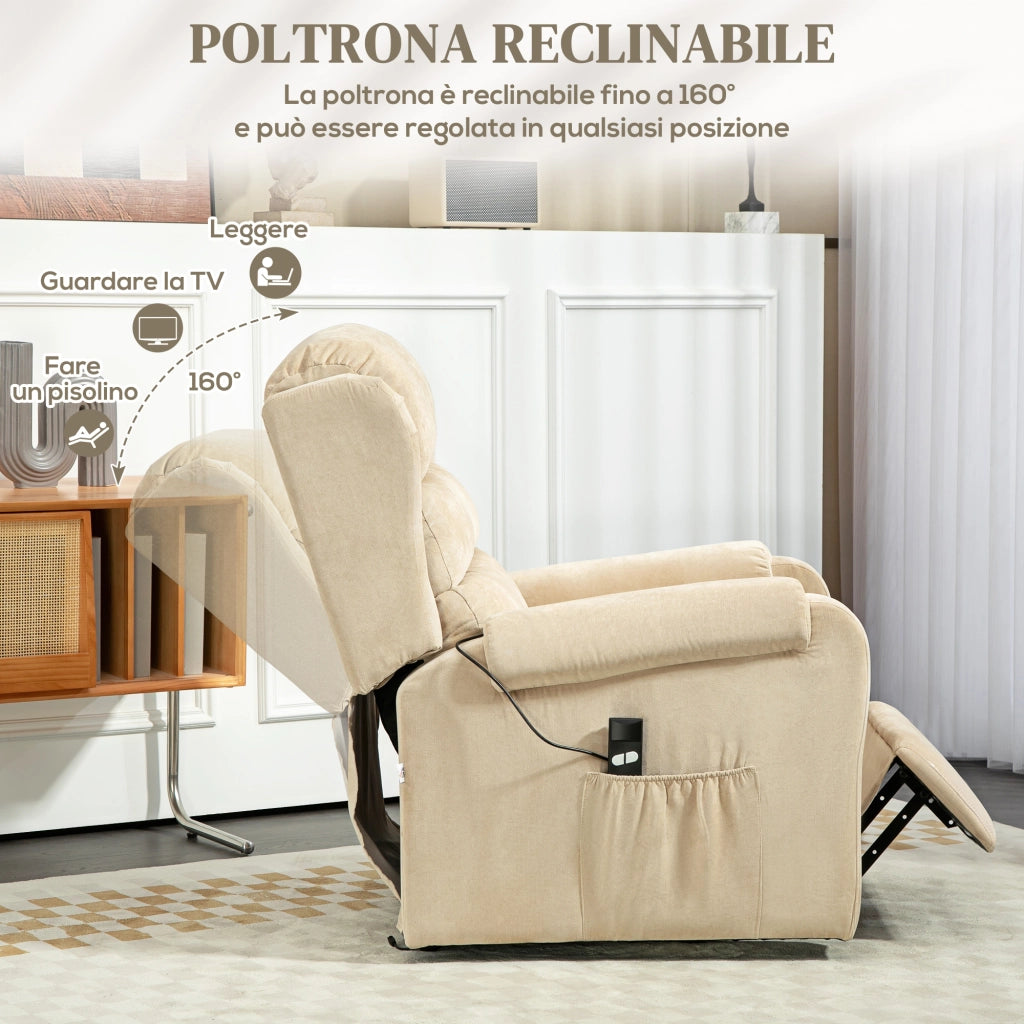 Poltrona Alzapersona Reclinabile Elettrica con Poggiapiedi e Telecomando ¨C Xylo ¨C Velluto Crema 85x88x109 cm