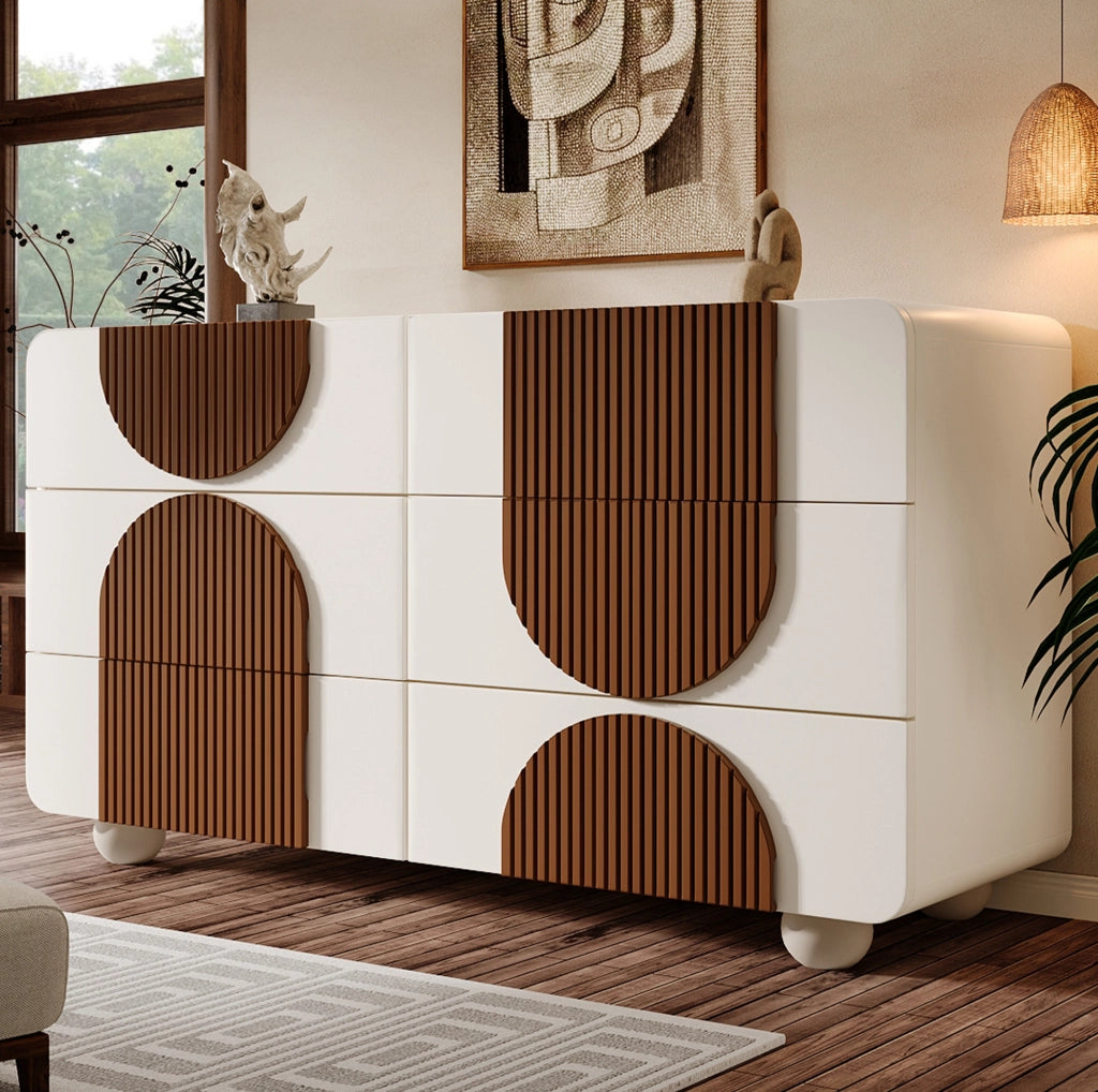 ???ò a 6 cassetti con design curvo; bianco; 121x41x71 cm in MDF e legno massiccio