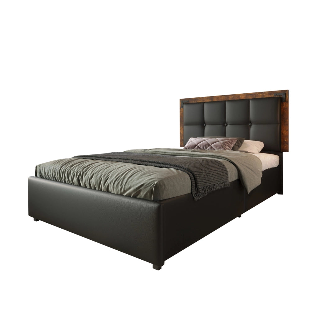 Letto singolo imbottito 90x200 cm in PU nero con LED; testiera regolabile e 4 cassetti