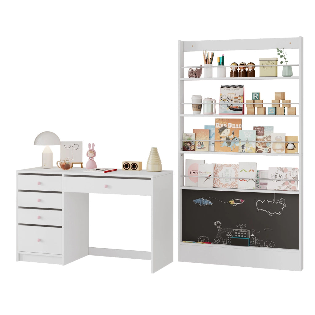 Set scrivania e libreria per bambini con lavagna; MDF; bianco