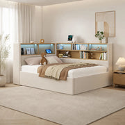 DESMIU Divano Letto 90 × 200 cm 1 posto con contenitore idraulico, LED, USB e Type-C, senza materasso, in velluto, beige
