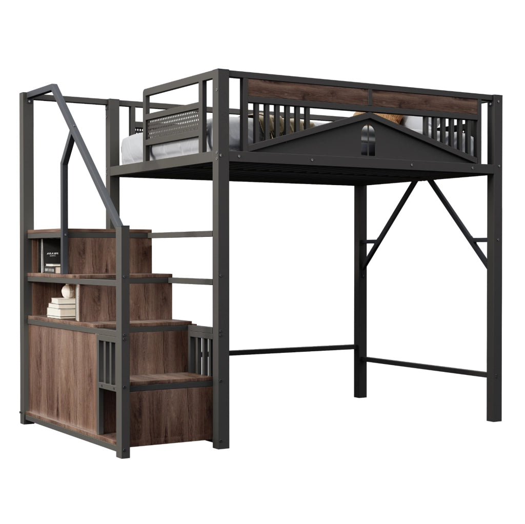 Letto a soppalco in metallo 140x200 cm con scale laterali; sponda finestrata e contenitore; nero