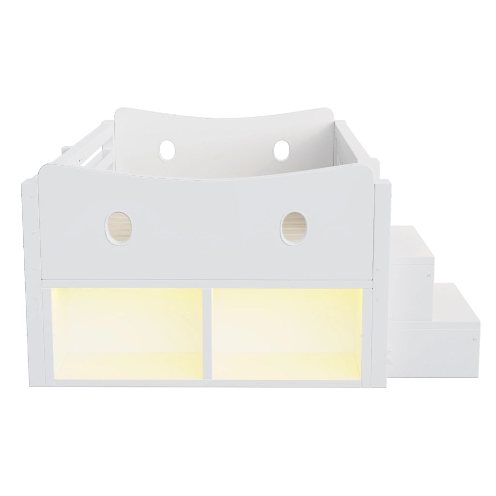 Letto singolo bambino 90×200 cm con 4 cassetti; ripiani; LED; USB e Type-C; senza materasso; legno; bianco