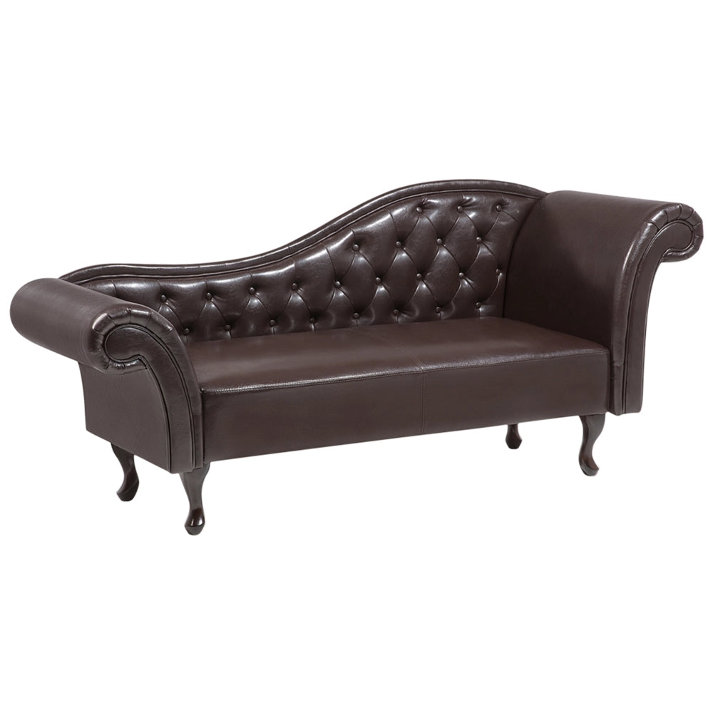 Chaise longue marrone in ecopelle con bottoni imbottiti braccioli arrotolati a versione destra con cuscino