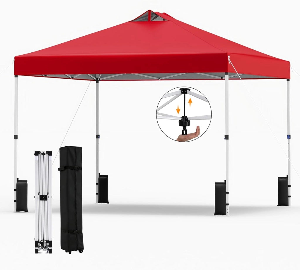 Gazebo Pieghevole Pop-up da 3 x 3 m, Gazebo da Giardino Impermeabile con Blocco Centrale, Borsa da Trasporto, Sacchi di Sabbia e Picchetti, Regolabile in Altezza (Rosso)