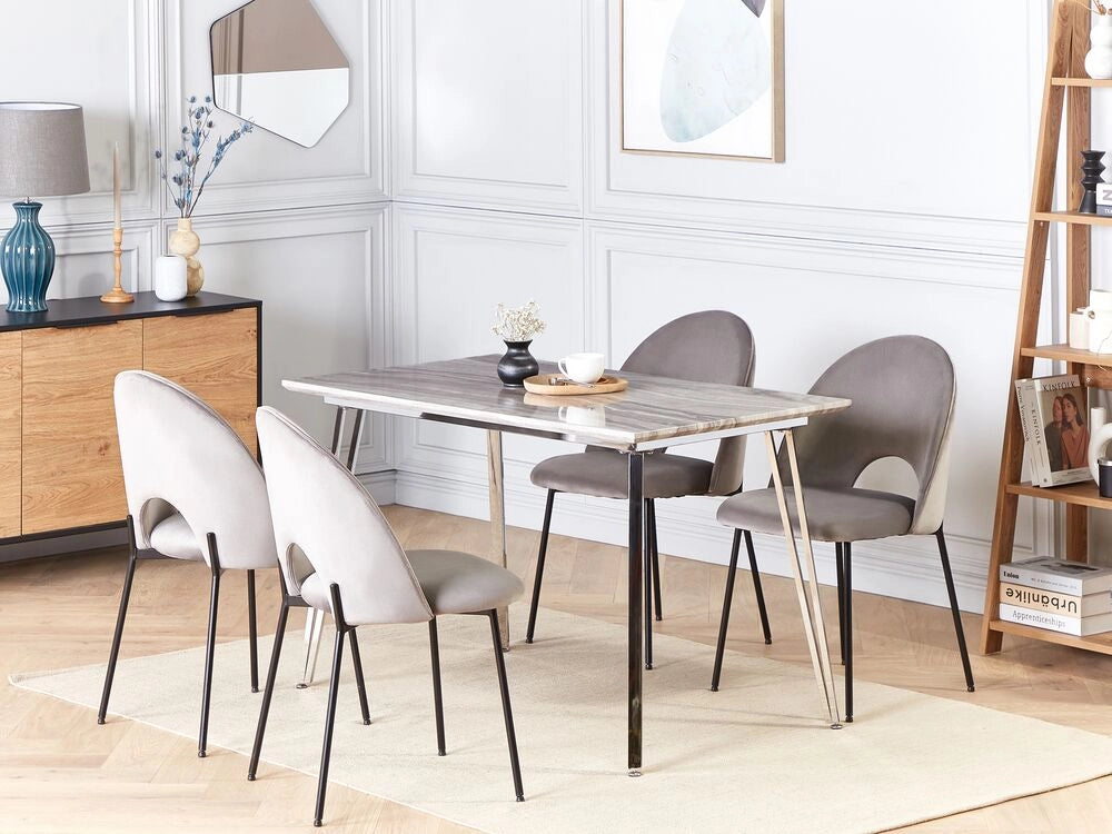 Tavolo da Pranzo Gambe Argento MDF Effetto Marmo Piano Rettangolare 120 x 70 cm Capacità 4 Persone Design Moderno