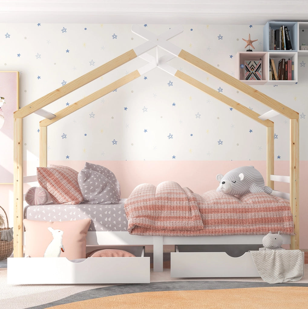 Letto a casetta per bambini 90x200 cm con cassetti