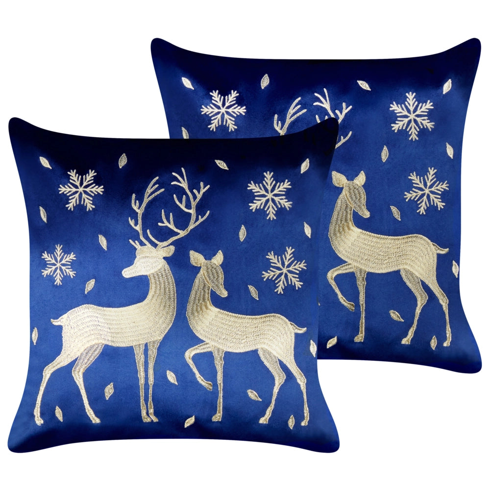 Set di 2 cuscini decorativi in tessuto di velluto blu con motivo natalizio di cervi 45 x 45 cm Accessorio decorativo