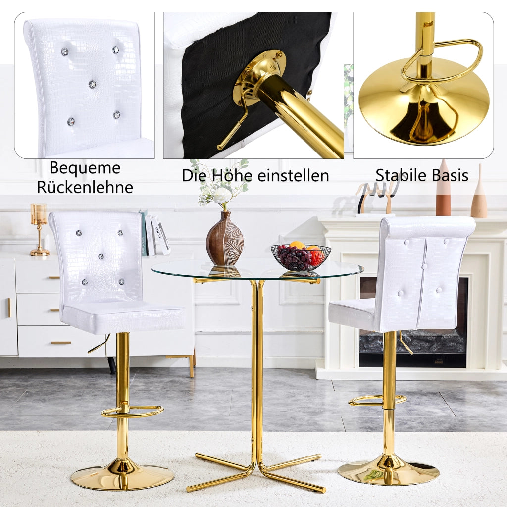 Set di 2 Sedie da Pranzo; Schienale Imbottito con Bottoni in Cristallo; per Cucina e Sala da Pranzo; PVC Bianco