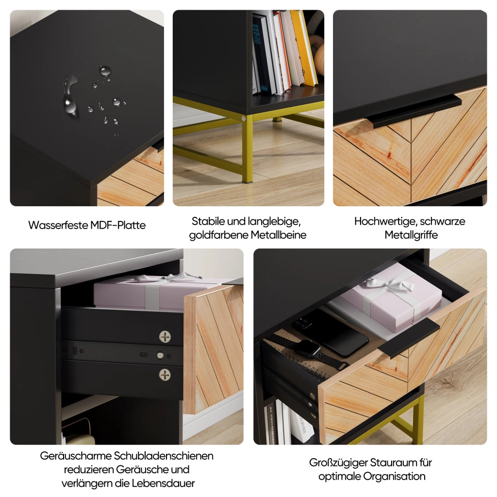 TAVOLINO NOTTE 43x40x55 cm MDF Nero/Naturale con cassetto e vano aperto