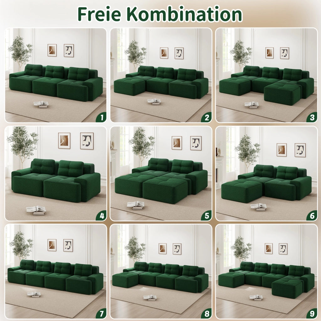 Divano modulare 4 posti con chaise longue a U 382x177x69 cm in velluto a coste verde