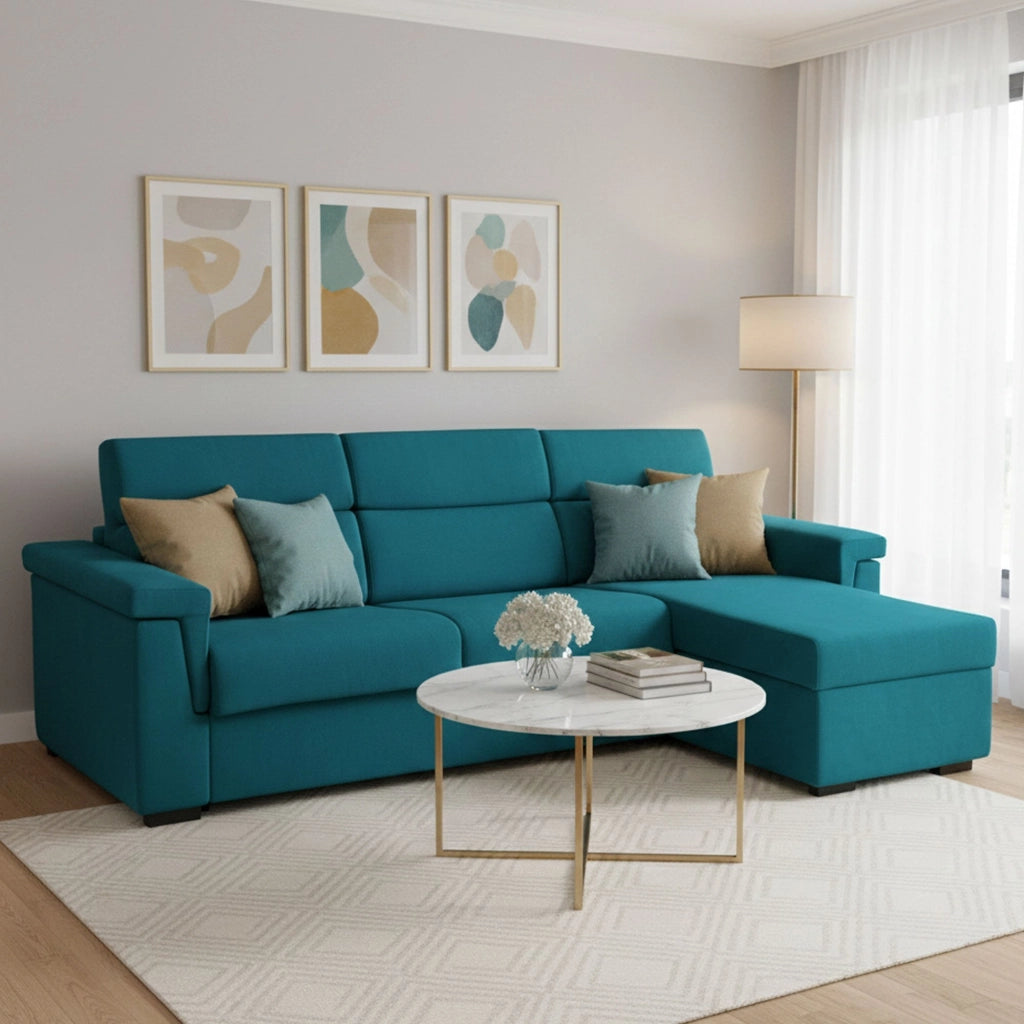 Ganzaria, Divano Letto con Penisola Sfoderabile Made in Italy, 285x160 cm Azzurro
