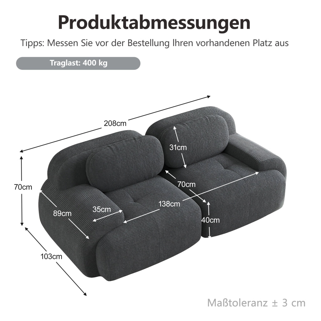 Divano angolare modulare senza struttura in tessuto a coste con braccioli curvi, Grigio 208 × 103 × 70 cm