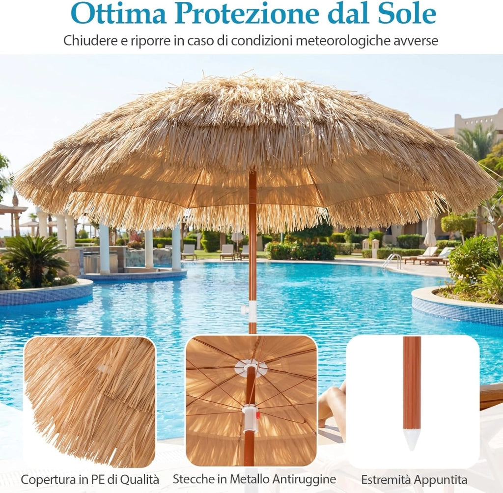 Ombrellone da Spiaggia 175 cm, Ombrelloe di Paglia PP con Borsa, Parasole Hawaiano con Inclinazione Regolabile, con Base, per Spiaggia Giardino Piscina (175 cm con Base)