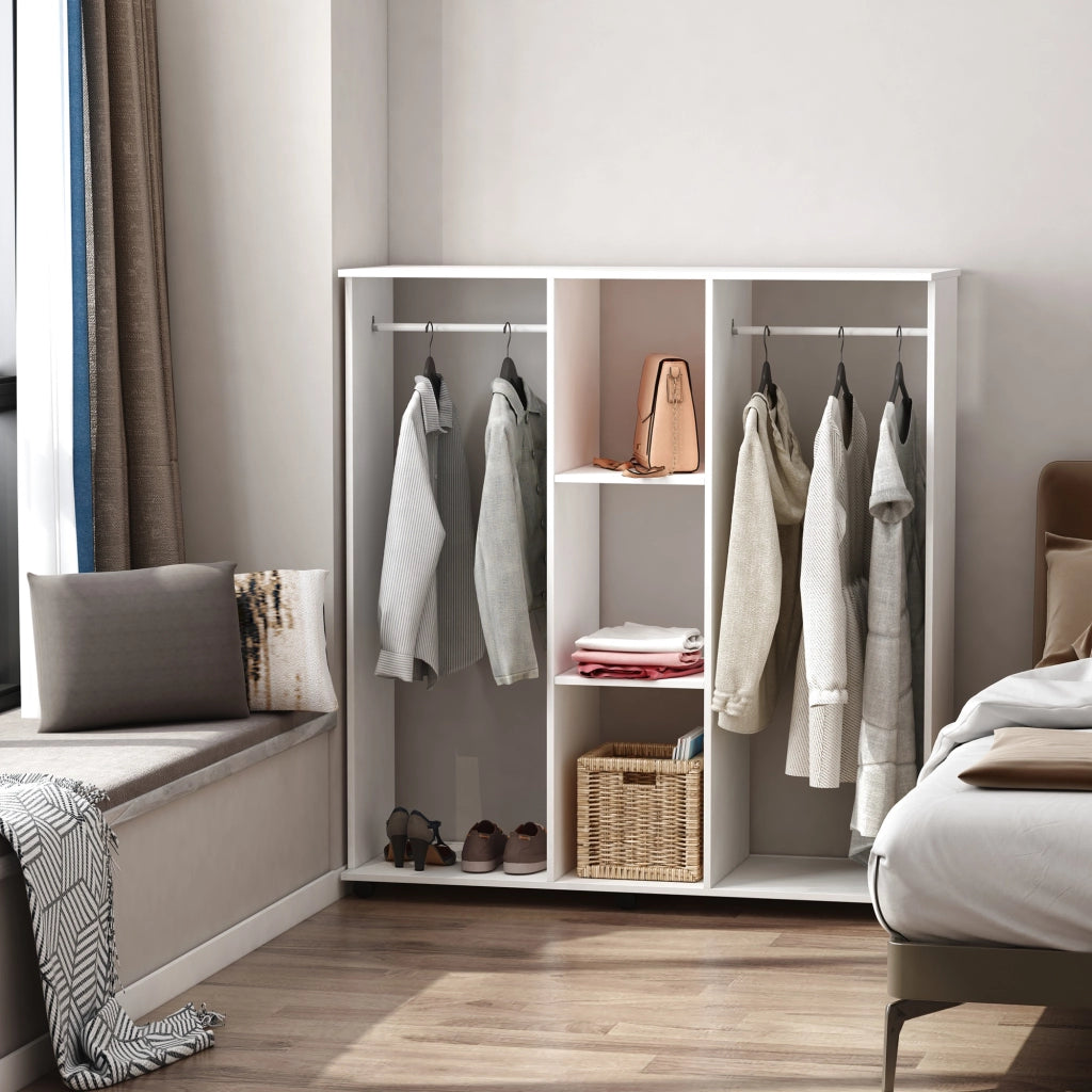 Armadio Guardaroba Aperto 120x40x128 cm 2 Aste e 3 Ripiani in Legno Ingegnerizzato Bianco