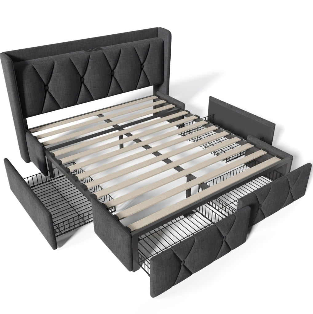 Letto contenitore 160x200 cm con USB; 4 cassetti; lino grigio
