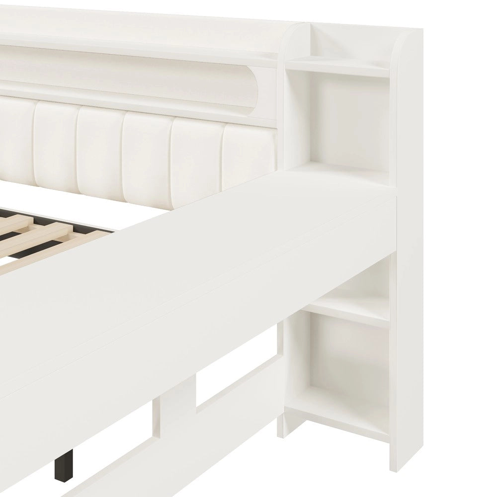 Letto Imbottito con Letto Estraibile e Scrivania ¨C MINIMAL ¨C Bianco, LED, USB, 140x200