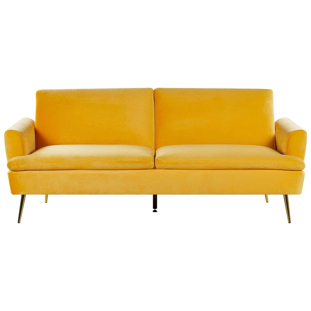 Divano Letto Velluto Giallo 3 Posti Click Clack Gambe In Metallo Dorato