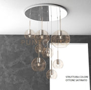 SOSP. OTTONE SAT. TONDA 8 LUCI VETRI (1 GRANDE+2 MEDIO +5 PICCOLO) TUTTI AMBRA 1155OS-S8 TMIX-AM
