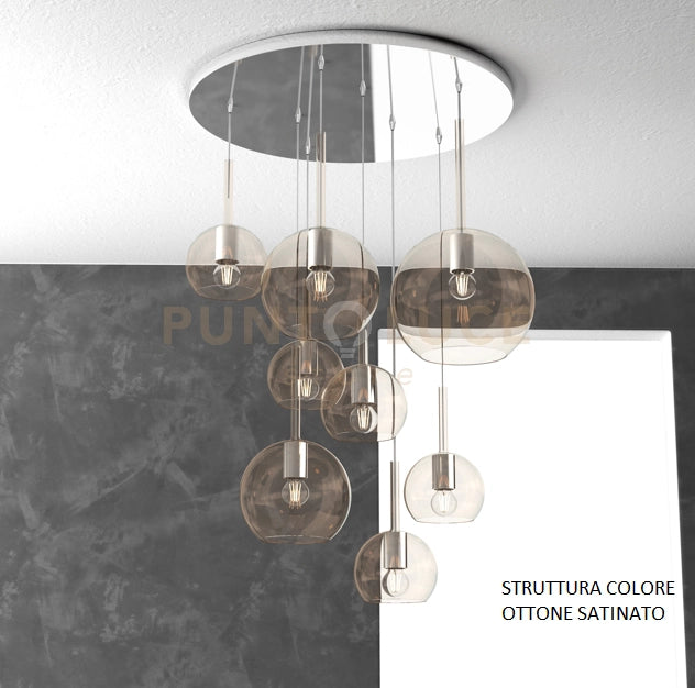 SOSP. OTTONE SAT. TONDA 8 LUCI VETRI (1 GRANDE+2 MEDIO +5 PICCOLO) TUTTI AMBRA 1155OS-S8 TMIX-AM