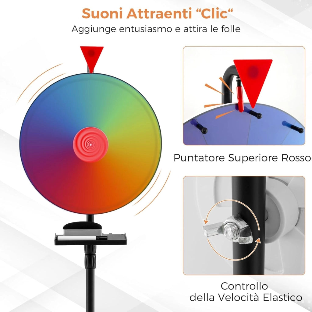 Ruota della Fortuna 40 CM con Supporto Tripode Pieghevole, Gioco Ruota con Altezza Regolabile e Vassoio, Pennarello e Gomma per Lavagna, Ruota Premio con 12 Slot per Festa