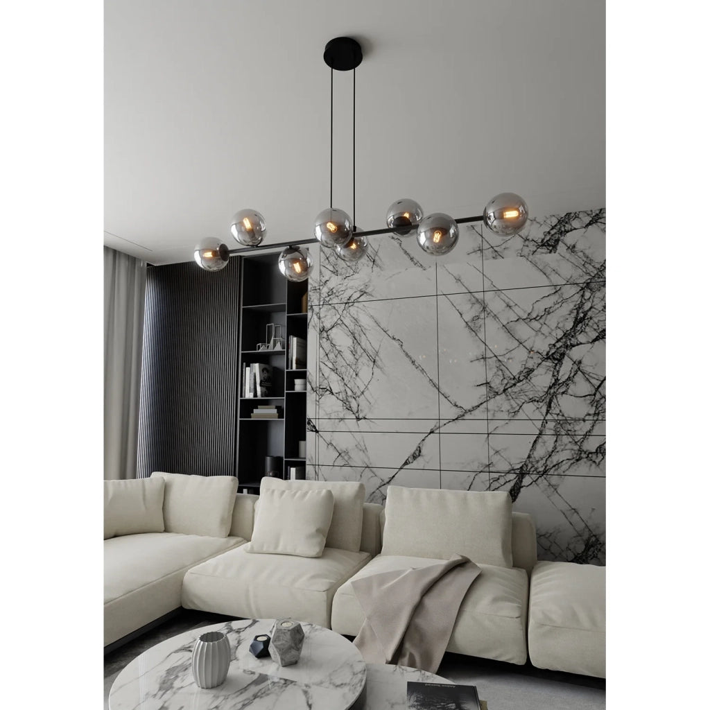 Lampadario Contemporaneo 8 Luci Durga In Acciaio Nero E Sfere In Vetro Fumè