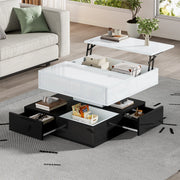 Tavolino da caffè 70x70 cm con piano girevole 360°, 3 cassetti, vano contenitore, bianco e nero