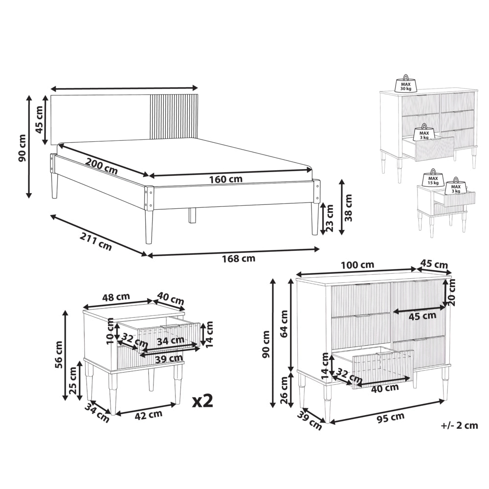 Set da camera da letto in legno di pino con letto matrimoniale 2 comodini e cassettiera a 6 cassetti 160 x 200 cm marrone chiaro stile scandinavo