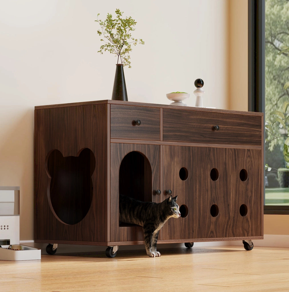 Mobile per lettiera per gatti con 2 cassetti e pannello raccoglisabbia rimovibile; MDF noce 100x45x66 cm