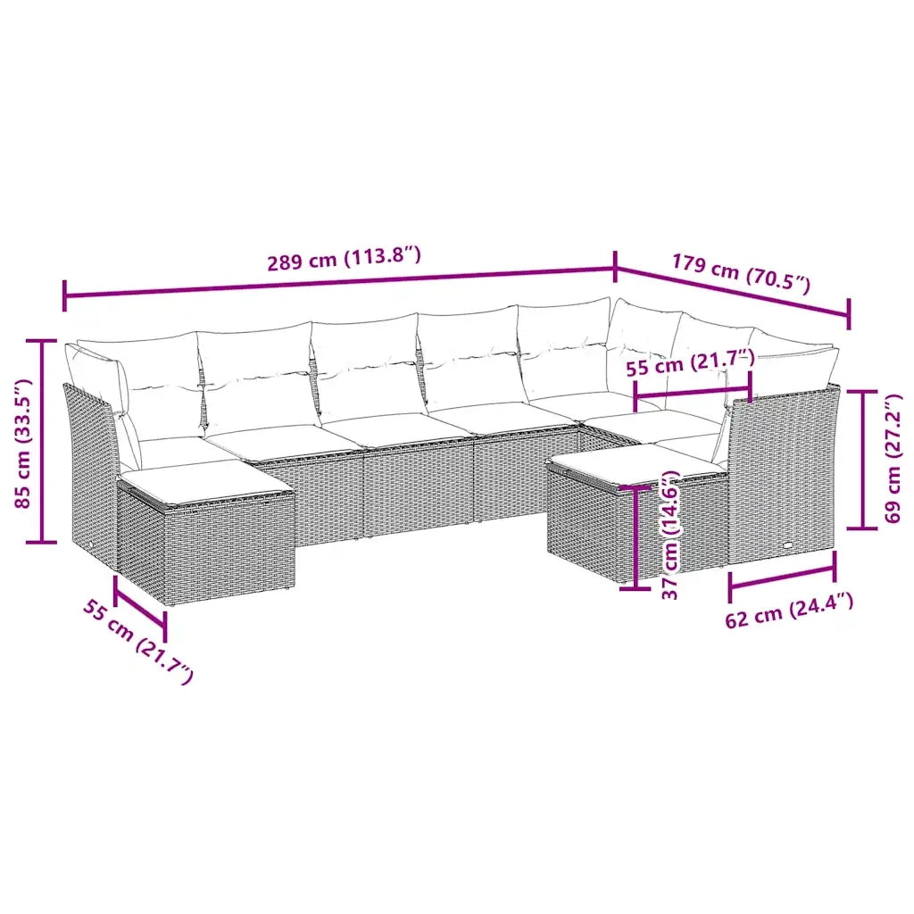 Set Divani da Giardino 9 pz con Cuscini Nero in Polyrattan 3250405