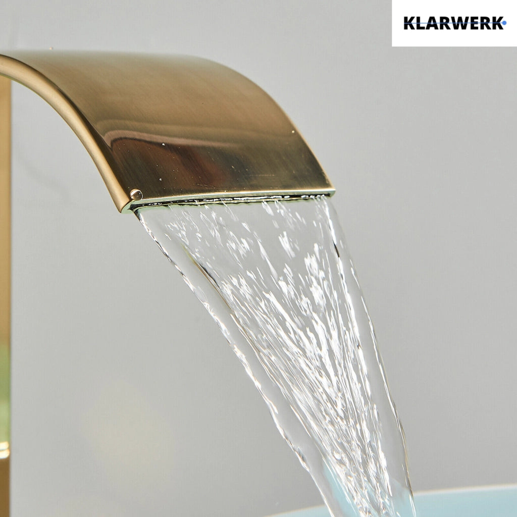 ROSA | Rubinetto da bagno premium a cascata alta oro | Miscelatore Hotel Gastro Premium per lavabo freestanding - in acciaio inox con bocca alta
