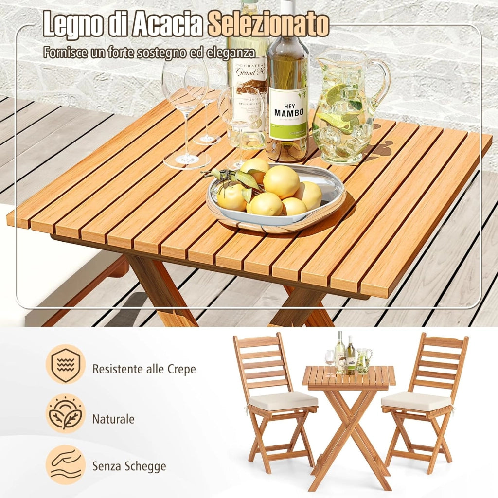 Set Bistro da Esterno in Legno di Acacia, Tavolo e 2 Sedie Pieghevoli con Cuscini, Tavolo Portata 80 kg/Sedia Portata 180 kg (Modello 1)