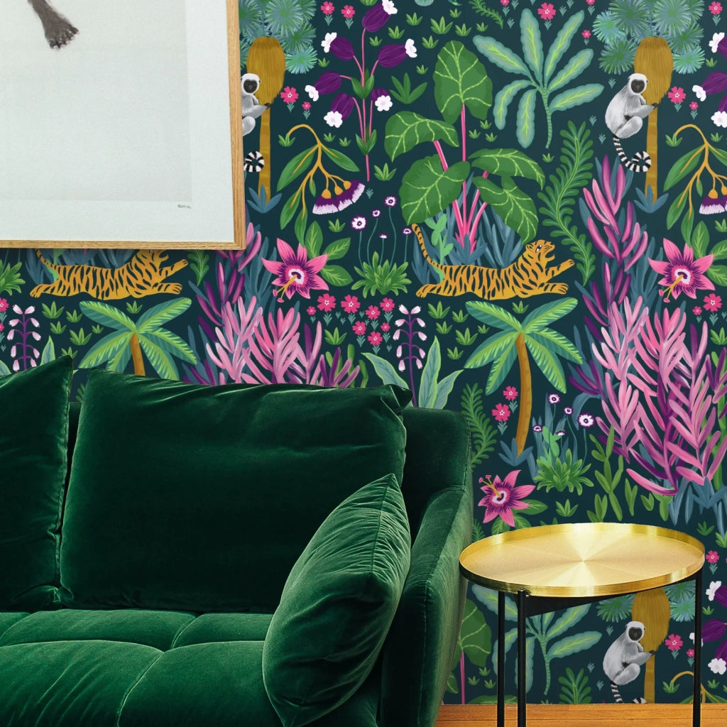 Carta da Parati Giungla Tropicale con Scimmie e Tigre Carta Vegana 250x200cm 5,5mq 