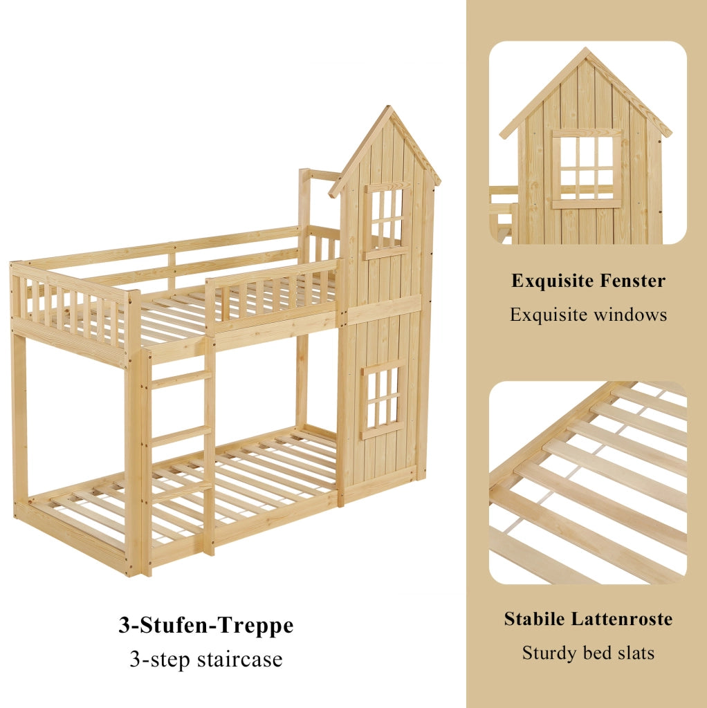 Letto a castello per bambini a casetta 90x200 cm naturale
