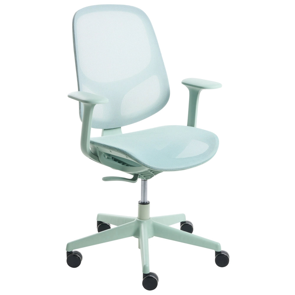 Sedia da ufficio verde in rete con base girevole, braccioli e altezza regolabile per ufficio domestico e open space