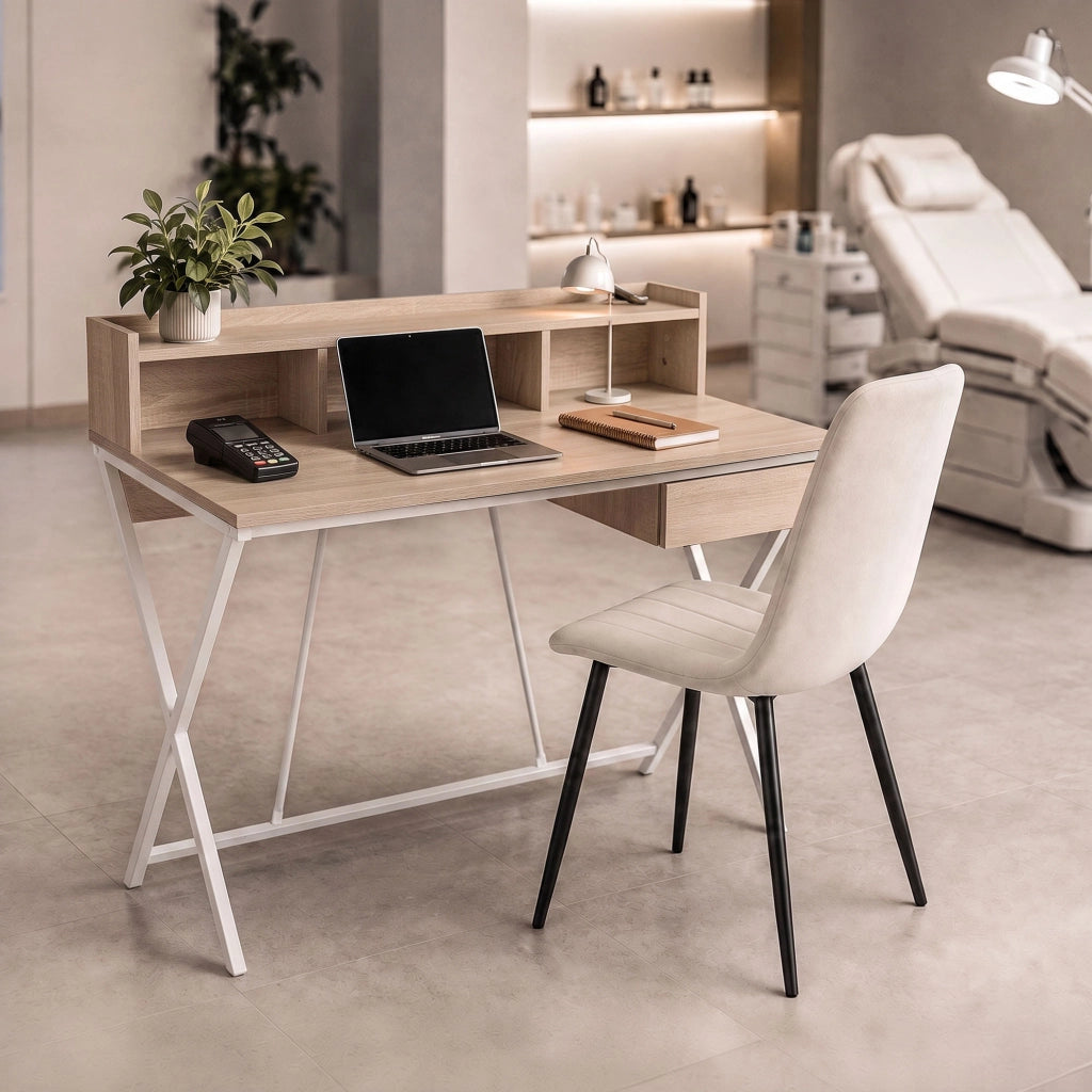 Scrivania PC industriale Rovere Sonoma FLEXO 100 cm 1 cassetto 1 ripiano gambe bianche