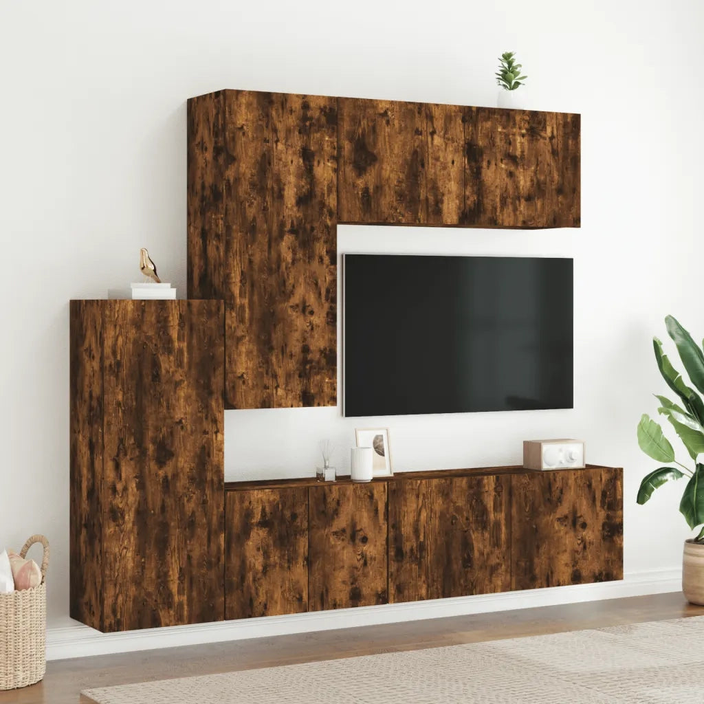 Mobili TV a Muro 5pz Rovere Fumo in Legno Multistratocod mxl 86245