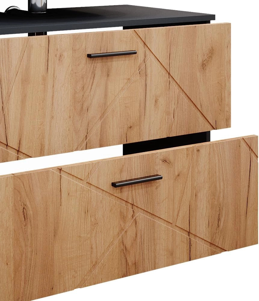 Set mobili bagno Irma, Quercia dorata/antracite, 80 cm, composto da mobile sottolavabo, specchiera e colonna alta