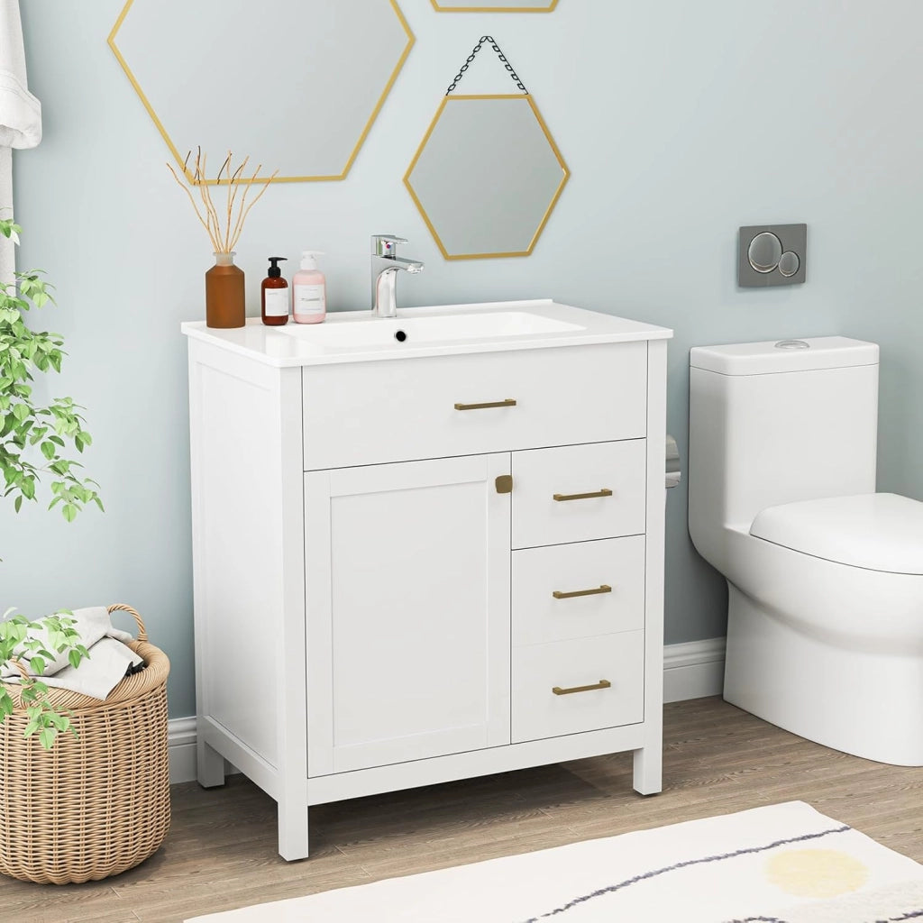 Mobile Sottolavabo per Bagno, Mobiletto da Bagno con 2 Cassetti e 2 Ante, Mobile da Bagno a Terra con Lavandino in Ceramica, 76 x 46,5 x 86 cm, Bianco
